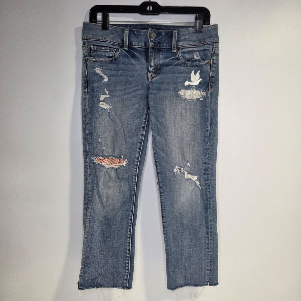 American Eagle Stretch Artist Jeans Dove Lace Distressed Patch Work sz 6